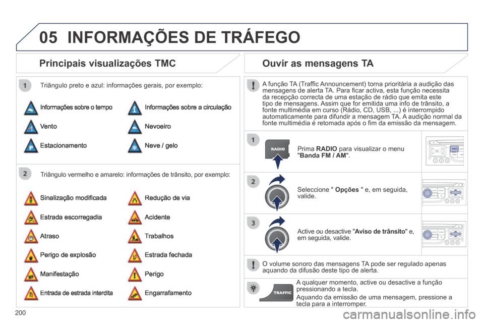 Peugeot 308 CC 2013.5  Manual do proprietário (in Portuguese) 05
200
Principais visualizações TMC 
  Triângulo vermelho e amarelo: informações de trânsito, por ex\
emplo: 
  Triângulo preto e azul: informações gerais, por exemplo: 
 Informações sobre 