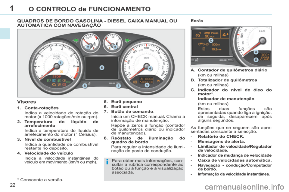 Peugeot 308 CC 2013.5  Manual do proprietário (in Portuguese) 1
i
22
O CONTROLO de FUNCIONAMENTO
QUADROS DE BORDO GASOLINA - DIESEL CAIXA MANUAL OU AUTOMÁTICA COM NAVEGAÇÃO 
  *    Consoante  a  versão.  
  Visores 
   1.    Conta-rotações     
  Indica a 