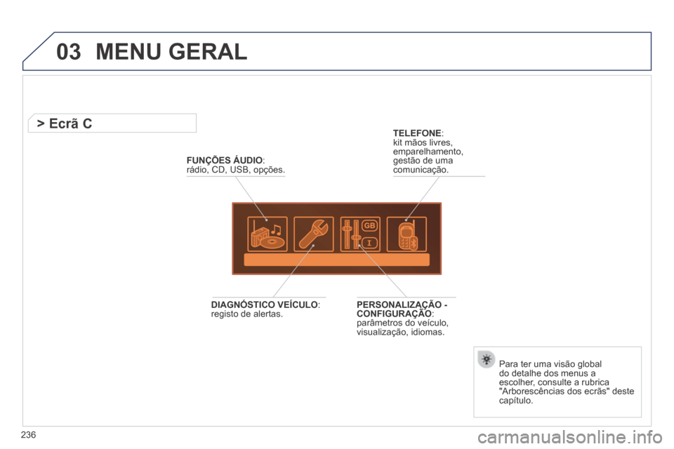 Peugeot 308 CC 2013.5  Manual do proprietário (in Portuguese) 03
236
 MENU  GERAL 
FUNÇÕES ÁUDIO : rádio, CD, USB, opções.  
          > Ecrã C 
  Para ter uma visão global do detalhe dos menus a escolher, consulte a rubrica "Arborescências dos ecrãs" 