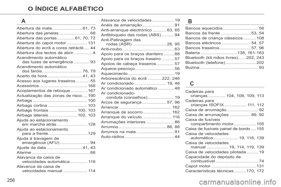 Peugeot 308 CC 2013.5  Manual do proprietário (in Portuguese) 256
O ÍNDICE ALFABÉTICO
Abertura da mala ........................61, 73
Abertura das janelas ........................68
Abertura das portas ..............61, 70, 72
Abertura do capot motor .........