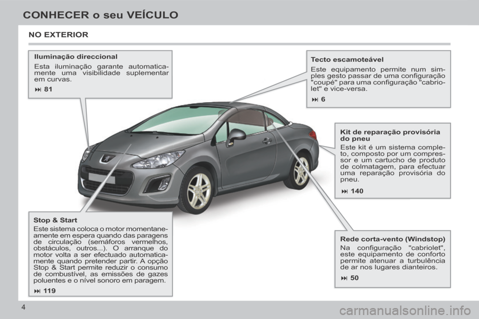 Peugeot 308 CC 2013.5  Manual do proprietário (in Portuguese)  81 140
 50
 11 9
 6
4
CONHECER o seu VEÍCULO
  Iluminação  direccional 
 Esta iluminação garante automatica-
mente uma visibilidade suplementar 
em  curvas.     Tecto  escamoteáv