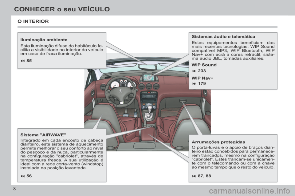 Peugeot 308 CC 2013.5  Manual do proprietário (in Portuguese)  87, 88
 85
 56
 233
 179
8
CONHECER o seu VEÍCULO
  Iluminação  ambiente 
 Esta iluminação difusa do habitáculo fa-
cilita a visibilidade no interior do veículo 
em caso de frac