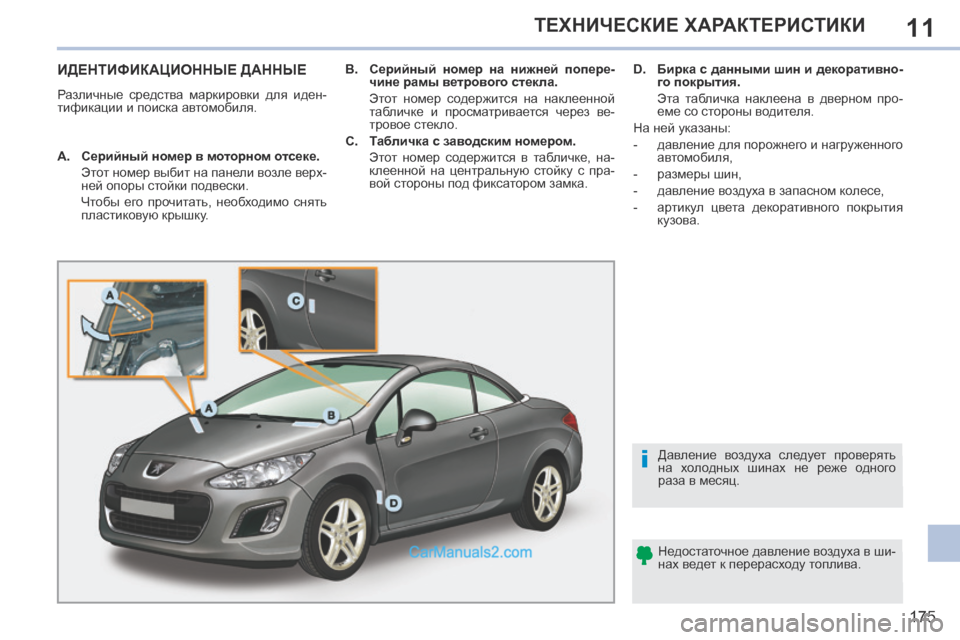 Peugeot 308 CC 2013.5  Инструкция по эксплуатации (in Russian) 11
i
175
ТЕХНИЧЕСКИЕ ХАРАКТЕРИСТИКИ
ИДЕНТИФИКАЦИОННЫЕ ДАННЫЕ 
 Различные  средства  маркировки  для  иден-
тифик
