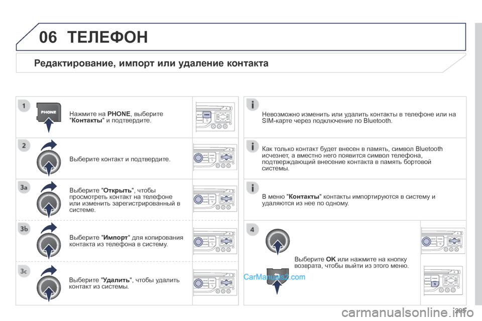 Peugeot 308 CC 2013.5 Инструкция по эксплуатации (in Russian) 06
205
Редактирование, импорт или удаление контакта
Нажмите на PHONE , выберите " Контакты " и подтвердите.
Выб Peugeot 308 CC 2013.5 Инструкция по эксплуатации (in Russian) 06
205
Редактирование, импорт или удаление контакта
Нажмите на PHONE , выберите " Контакты " и подтвердите.
Выб