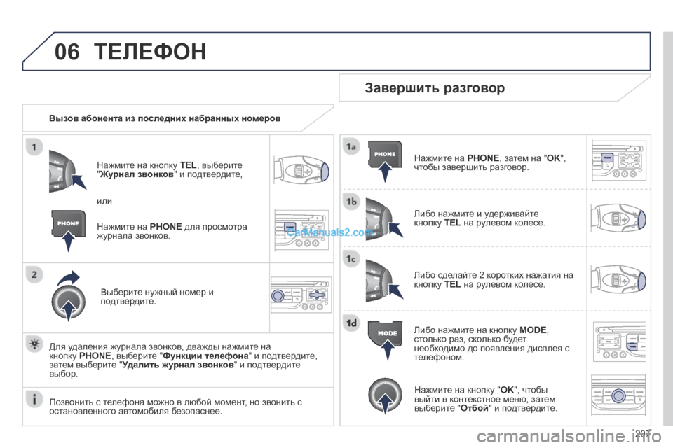 Peugeot 308 CC 2013.5 Инструкция по эксплуатации (in Russian) 06
207
ТЕЛЕФОН
Вызов абонента из последних набранных номеров
Нажмите на кнопку TEL , выберите " Журнал звонк Peugeot 308 CC 2013.5 Инструкция по эксплуатации (in Russian) 06
207
ТЕЛЕФОН
Вызов абонента из последних набранных номеров
Нажмите на кнопку TEL , выберите " Журнал звонк