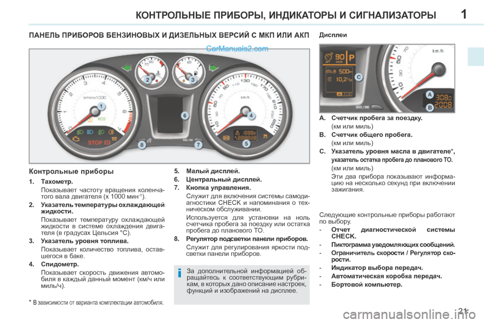 Peugeot 308 CC 2013.5 Инструкция по эксплуатации (in Russian) 1
i
21
КОНТРОЛЬНЫЕ ПРИБОРЫ, ИНДИКАТОРЫ И СИГНАЛИЗАТОРЫ
ПАНЕЛЬ ПРИБОРОВ БЕНЗИНОВЫХ И ДИЗЕЛЬНЫХ ВЕРСИЙ С МКП ИЛИ Peugeot 308 CC 2013.5 Инструкция по эксплуатации (in Russian) 1
i
21
КОНТРОЛЬНЫЕ ПРИБОРЫ, ИНДИКАТОРЫ И СИГНАЛИЗАТОРЫ
ПАНЕЛЬ ПРИБОРОВ БЕНЗИНОВЫХ И ДИЗЕЛЬНЫХ ВЕРСИЙ С МКП ИЛИ