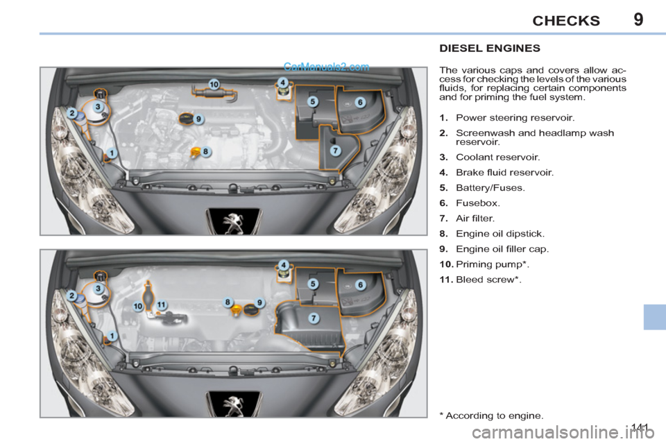 Peugeot 308 CC 2011 Owners Manual 9
141
CHECKS
DIESEL ENGINES
The various caps and covers allow ac-
cess for checking the levels of the various
fl uids, for replacing certain components
and for primin Peugeot 308 CC 2011 Owners Manual 9
141
CHECKS
DIESEL ENGINES
The various caps and covers allow ac-
cess for checking the levels of the various
fl uids, for replacing certain components
and for primin