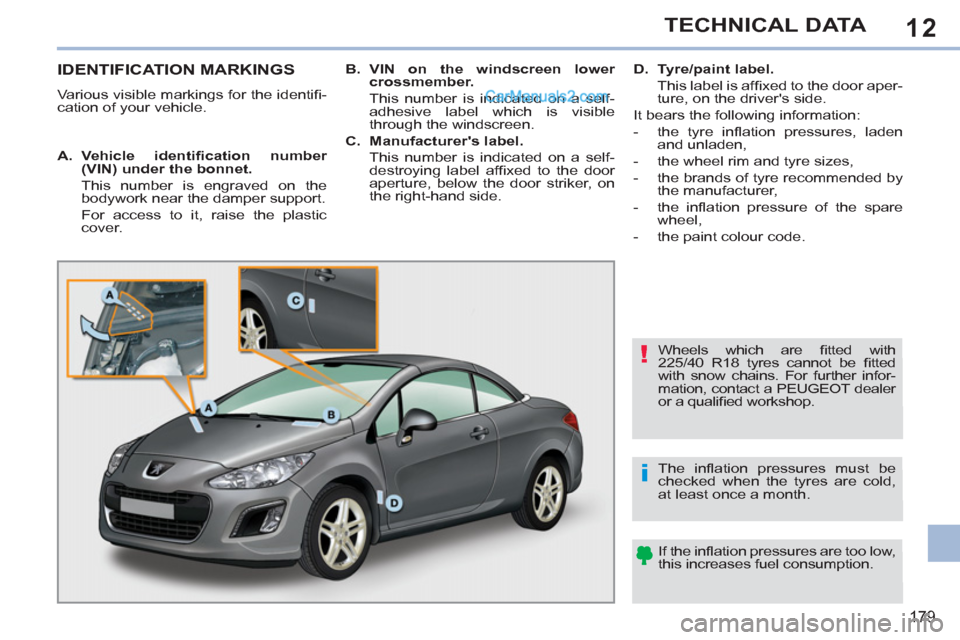 Peugeot 308 CC 2011 Owners Manual 12
!
i
179
TECHNICAL DATA
IDENTIFICATION MARKINGS
Various visible markings for the identifi -
cation of your vehicle.
Wheels which are fi Peugeot 308 CC 2011 Owners Manual 12
!
i
179
TECHNICAL DATA
IDENTIFICATION MARKINGS
Various visible markings for the identifi -
cation of your vehicle.
Wheels which are fi