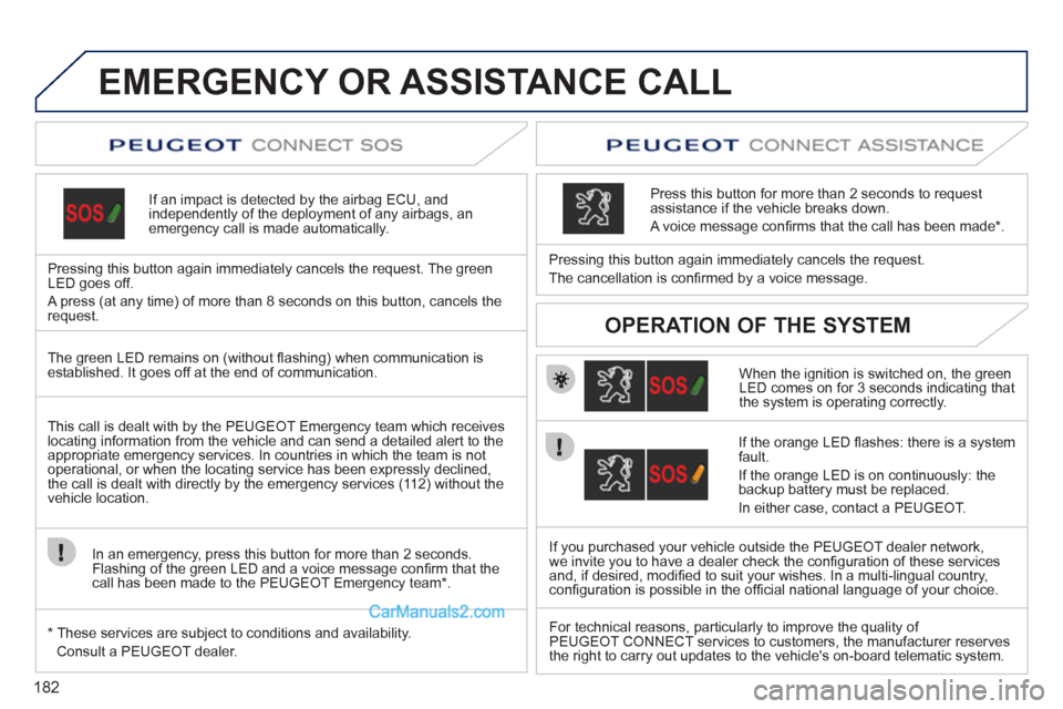 Peugeot 308 CC 2011 Owners Manual 182
EMERGENCY OR ASSISTANCE CALL
If an impact is detected by the airbag ECU, and
independently of the deployment of any airbags, an
emergency call is made automat Peugeot 308 CC 2011 Owners Manual 182
EMERGENCY OR ASSISTANCE CALL
If an impact is detected by the airbag ECU, and
independently of the deployment of any airbags, an
emergency call is made automat