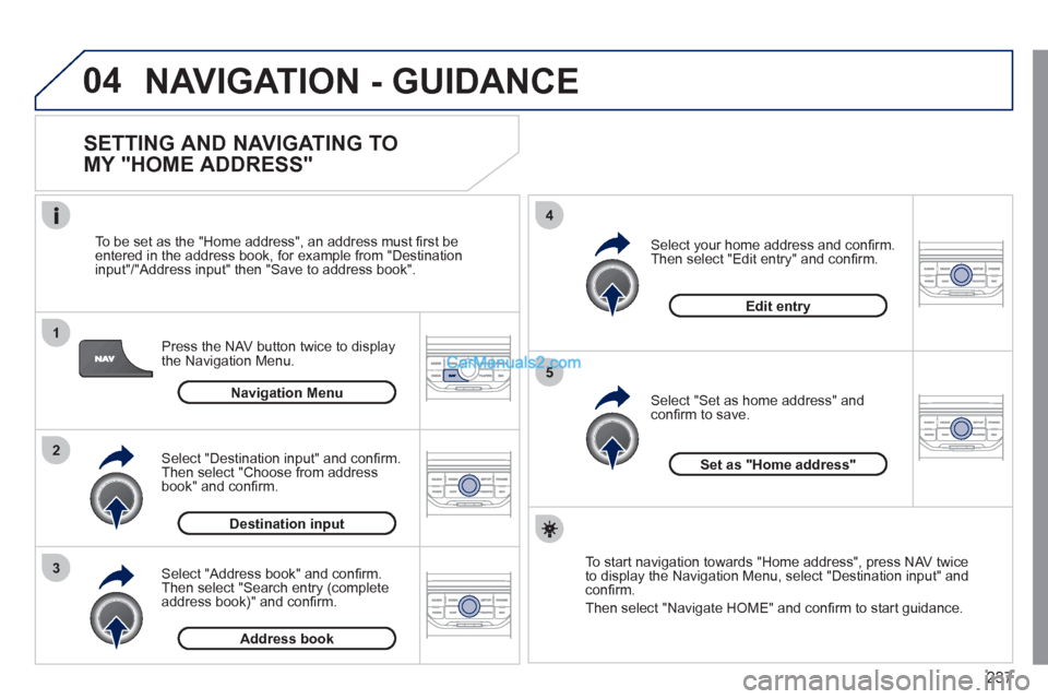 Peugeot 308 CC 2011 Owners Manual 237
04
1
2
3
5
4
NAVIGATION - GUIDANCE
SETTING AND NAVIGATING TO
MY "HOME ADDRESS"
Press the NAV button twice to display
the Navigation Menu.
To be set as the "Home address", an add Peugeot 308 CC 2011 Owners Manual 237
04
1
2
3
5
4
NAVIGATION - GUIDANCE
SETTING AND NAVIGATING TO
MY "HOME ADDRESS"
Press the NAV button twice to display
the Navigation Menu.
To be set as the "Home address", an add