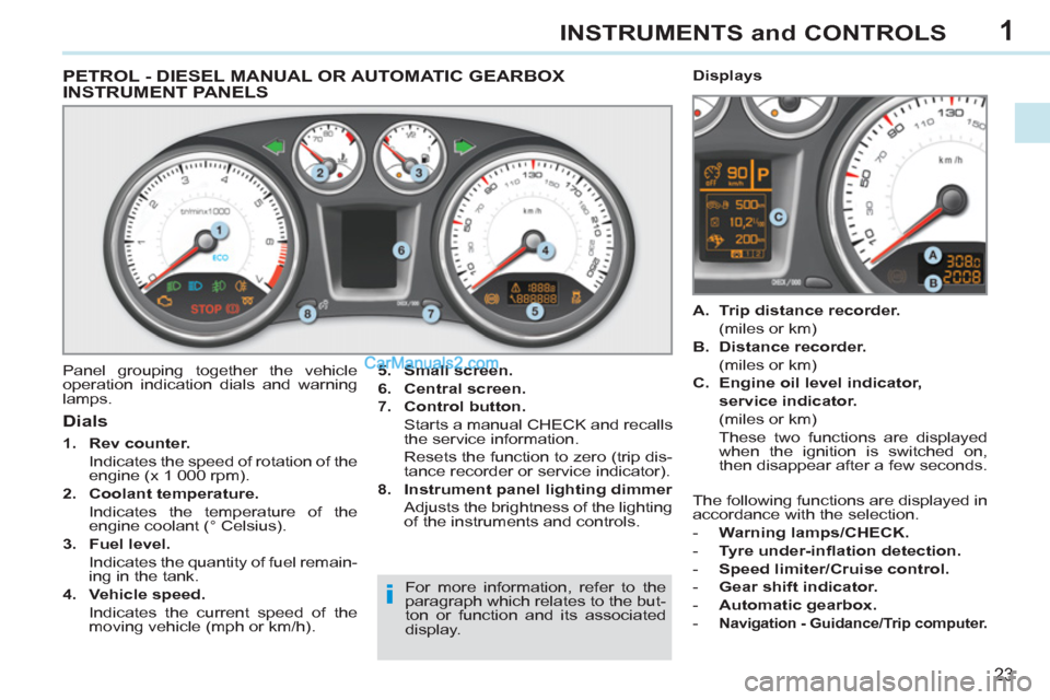 Peugeot 308 CC 2011  Owners Manual 1
i
23
INSTRUMENTS and CONTROLS
   
 
 
 
 
 
 
 
 
 
 
 
PETROL - DIESEL MANUAL OR AUTOMATIC GEARBOX 
INSTRUMENT PANELS 
  Panel grouping together the vehicle 
operation indication dials and warning 