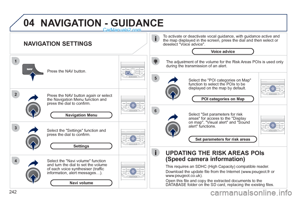 Peugeot 308 CC 2011 Owners Manual 242
04
5
6
3 2 1
4
NAVIGATION SETTINGS
Select "Set parameters for risk
areas" for access to the "Display
on map", "Visual alert" and "Sound
alert" functions.
Select the "POI categorie Peugeot 308 CC 2011 Owners Manual 242
04
5
6
3 2 1
4
NAVIGATION SETTINGS
Select "Set parameters for risk
areas" for access to the "Display
on map", "Visual alert" and "Sound
alert" functions.
Select the "POI categorie