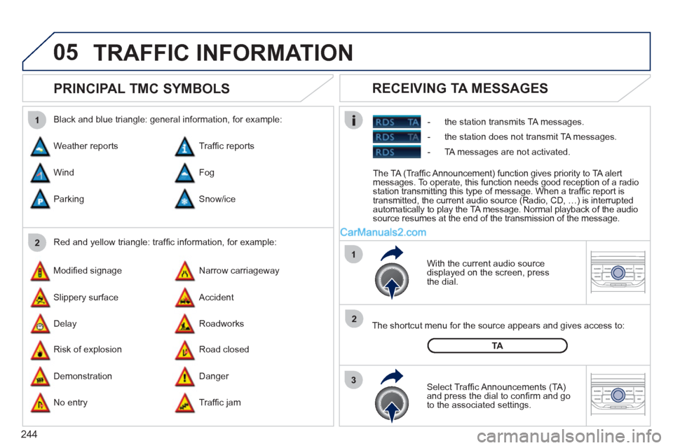 Peugeot 308 CC 2011 Owners Manual 244
05
2 1
3
2 1
PRINCIPAL TMC SYMBOLS
With the current audio source
displayed on the screen, press
the dial.
The shortcut menu for the source appears and gives access to:
Peugeot 308 CC 2011 Owners Manual 244
05
2 1
3
2 1
PRINCIPAL TMC SYMBOLS
With the current audio source
displayed on the screen, press
the dial.
The shortcut menu for the source appears and gives access to: