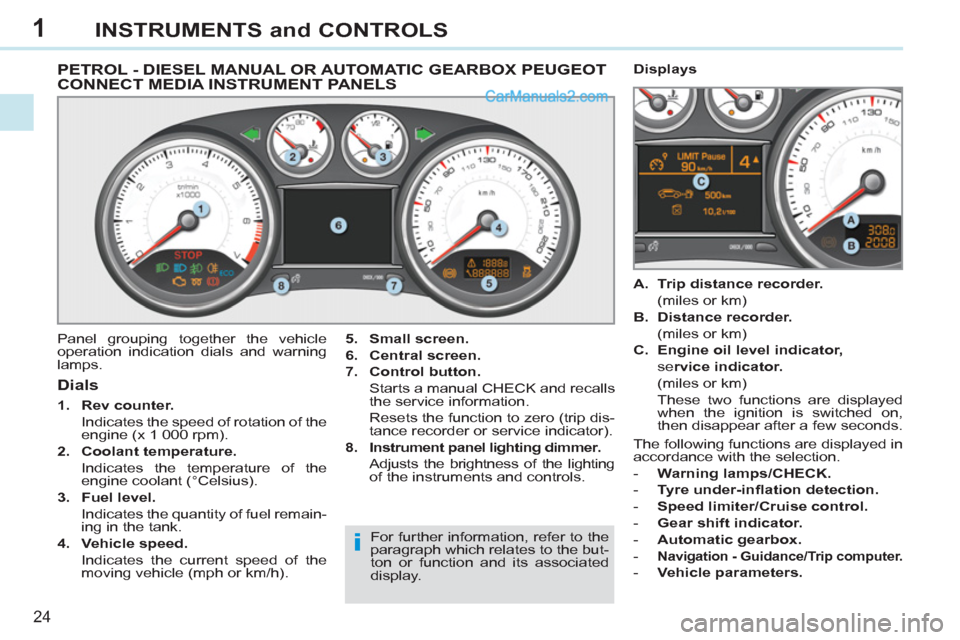 Peugeot 308 CC 2011 Owners Guide 1
i
24
INSTRUMENTS and CONTROLS
PETROL - DIESEL MANUAL OR AUTOMATIC GEARBOX PEUGEOT
CONNECT MEDIA INSTRUMENT PANELS
Panel grouping together the vehicle
operation indicat Peugeot 308 CC 2011 Owners Guide 1
i
24
INSTRUMENTS and CONTROLS
PETROL - DIESEL MANUAL OR AUTOMATIC GEARBOX PEUGEOT
CONNECT MEDIA INSTRUMENT PANELS
Panel grouping together the vehicle
operation indicat