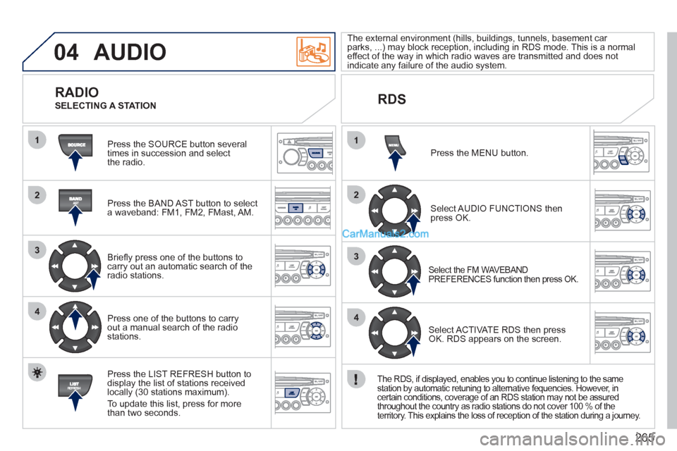 Peugeot 308 CC 2011 Owners Manual 265
04
1
2
3
4
1
2
3
4
AUDIO
Press the SOURCE button several
times in succession and select
the radio.
Press the BAND AST button to select
a waveband: FM1, FM2, FMast, AM.
Briefl Peugeot 308 CC 2011 Owners Manual 265
04
1
2
3
4
1
2
3
4
AUDIO
Press the SOURCE button several
times in succession and select
the radio.
Press the BAND AST button to select
a waveband: FM1, FM2, FMast, AM.
Briefl