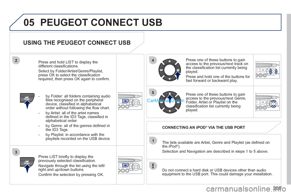 Peugeot 308 CC 2011 Owners Manual 269
05
42
3
1
5
PEUGEOT CONNECT USB
USING THE PEUGEOT CONNECT USB
Press LIST briefl y to display the
previously selected classifi cation.
Navigate through the list using the left/
ri Peugeot 308 CC 2011 Owners Manual 269
05
42
3
1
5
PEUGEOT CONNECT USB
USING THE PEUGEOT CONNECT USB
Press LIST briefl y to display the
previously selected classifi cation.
Navigate through the list using the left/
ri