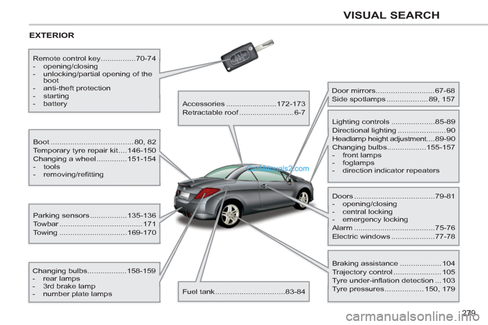 Peugeot 308 CC 2011 Owners Manual 279
VISUAL SEARCH
EXTERIOR
Boot ...................................... 80, 82
Temporary tyre repair kit ....146-150
Changing a wheel ..............151-154
- tools
- removi Peugeot 308 CC 2011 Owners Manual 279
VISUAL SEARCH
EXTERIOR
Boot ...................................... 80, 82
Temporary tyre repair kit ....146-150
Changing a wheel ..............151-154
- tools
- removi