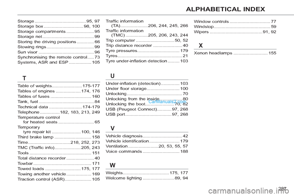 Peugeot 308 CC 2011 Owners Manual 287
ALPHABETICAL INDEX
Window controls ............................... 77
Windstop........................................... 59
Wipers ........................................ 91, 92
Xenon headlamps Peugeot 308 CC 2011 Owners Manual 287
ALPHABETICAL INDEX
Window controls ............................... 77
Windstop........................................... 59
Wipers ........................................ 91, 92
Xenon headlamps