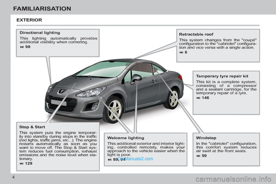 Peugeot 308 CC 2011  Owners Manual 4
FAMILIARISATION
   
Welcome lighting 
  This additional exterior and interior light-
ing, controlled remotely, makes your 
approach to the vehicle easier when the 
light is poor. 
   
 
� 
 89, 94 