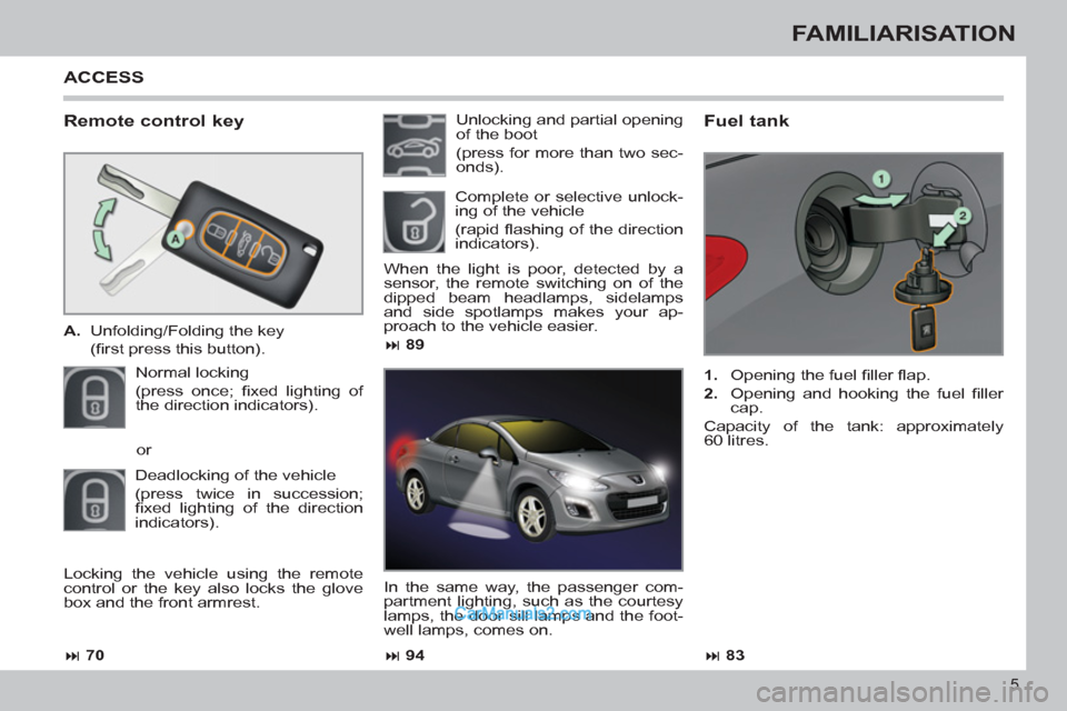 Peugeot 308 CC 2011  Owners Manual 5
FAMILIARISATION
   
Remote control key 
 
 
 
A. 
  Unfolding/Folding the key  
 (ﬁ rst press this button).  
  Normal locking  
(press once; ﬁ xed lighting of 
the direction indicators). 
   
F