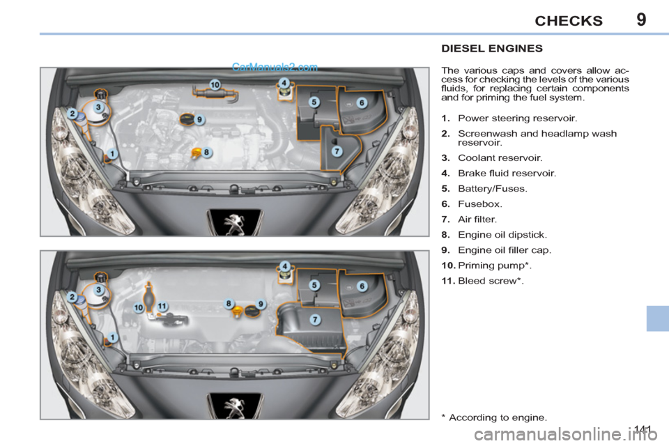 Peugeot 308 CC 2011  Owners Manual - RHD (UK, Australia) 9
141
CHECKS
   
 
 
 
 
 
 
 
 
 
 
 
 
DIESEL ENGINES 
 
The various caps and covers allow ac-
cess for checking the levels of the various 
ﬂ uids, for replacing certain components 
and for primin