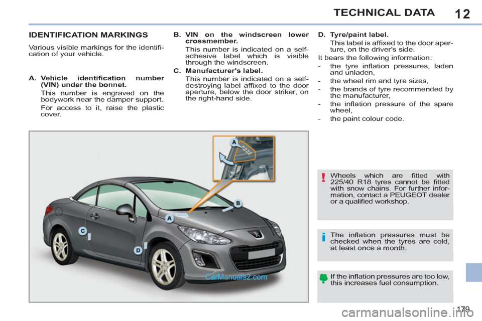 Peugeot 308 CC 2011  Owners Manual - RHD (UK, Australia) 12
!
i
179
TECHNICAL DATA
   
 
 
 
 
 
 
 
 
 
 
 
 
 
 
 
 
 
 
 
 
 
 
 
 
 
IDENTIFICATION MARKINGS 
 
Various visible markings for the identiﬁ -
cation of your vehicle.  
  Wheels which are ﬁ