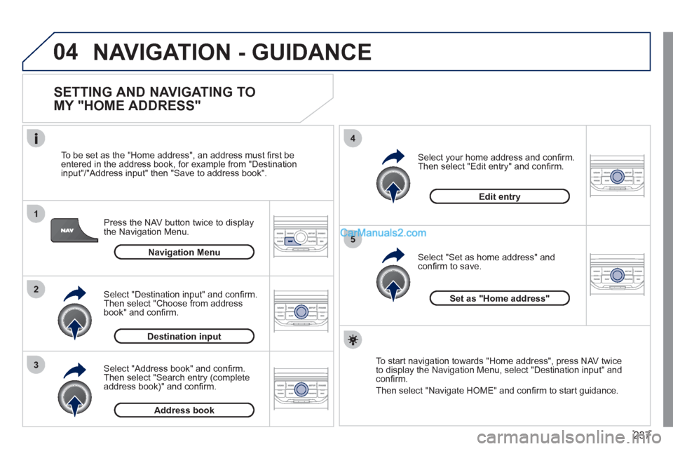 Peugeot 308 CC 2011 Owners Manual - RHD (UK, Australia) 237
04
1
2
3
5
4
NAVIGATION - GUIDANCE
SETTING AND NAVIGATING TO
MY "HOME ADDRESS"
Press the NAV button twice to display
the Navigation Menu.
To be set as the "Home address", an add Peugeot 308 CC 2011 Owners Manual - RHD (UK, Australia) 237
04
1
2
3
5
4
NAVIGATION - GUIDANCE
SETTING AND NAVIGATING TO
MY "HOME ADDRESS"
Press the NAV button twice to display
the Navigation Menu.
To be set as the "Home address", an add
