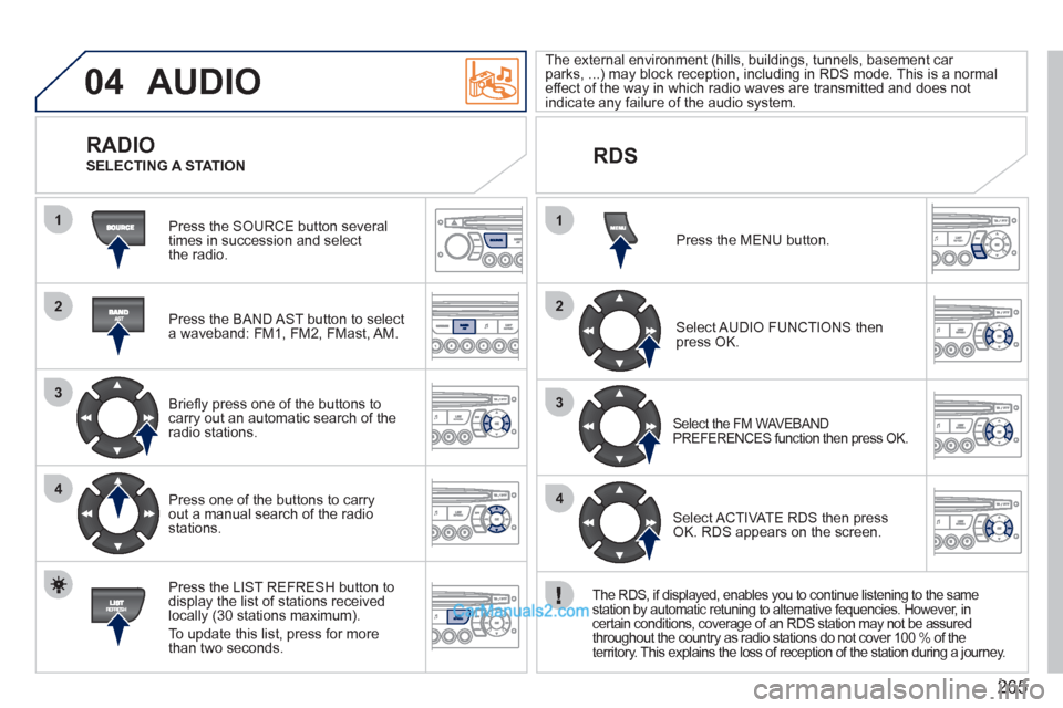 Peugeot 308 CC 2011  Owners Manual - RHD (UK, Australia) 265
04
1
2
3
4
1
2
3
4
  AUDIO 
 
Press the SOURCE button several 
times in succession and select 
the radio.  
   
Press the BAND AST button to select 
a waveband: FM1, FM2, FMast, AM.  
   
Brieﬂ 