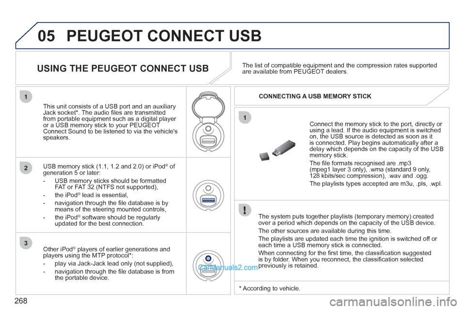 Peugeot 308 CC 2011 Owners Manual - RHD (UK. Australia) 268
05
1
1
2
3
PEUGEOT CONNECT USB
The system puts together playlists (temporary memory) created
over a period which depends on the capacity of the USB device.
The other sources are availab Peugeot 308 CC 2011 Owners Manual - RHD (UK. Australia) 268
05
1
1
2
3
PEUGEOT CONNECT USB
The system puts together playlists (temporary memory) created
over a period which depends on the capacity of the USB device.
The other sources are availab