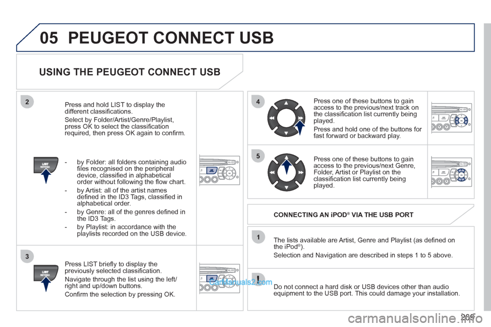 Peugeot 308 CC 2011  Owners Manual - RHD (UK, Australia) 269
05
42
3
1
5
  PEUGEOT CONNECT USB 
 
 
USING THE PEUGEOT CONNECT USB 
 
 
Press LIST brieﬂ y to display the 
previously selected classiﬁ cation. 
  Navigate through the list using the left/
ri