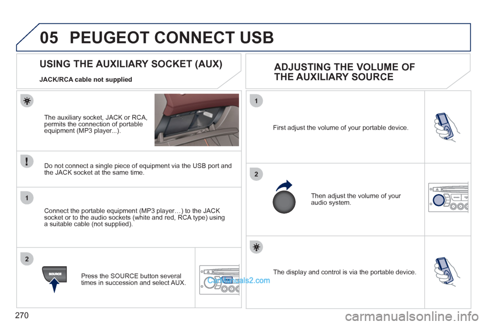 Peugeot 308 CC 2011  Owners Manual - RHD (UK, Australia) 270
05
1
2
1
2
  The display and control is via the portable device.     First adjust the volume of your portable device. 
  Then adjust the volume of your 
audio system. 
   
 
 
 
 
 
 
 
 
 
 
 
US
