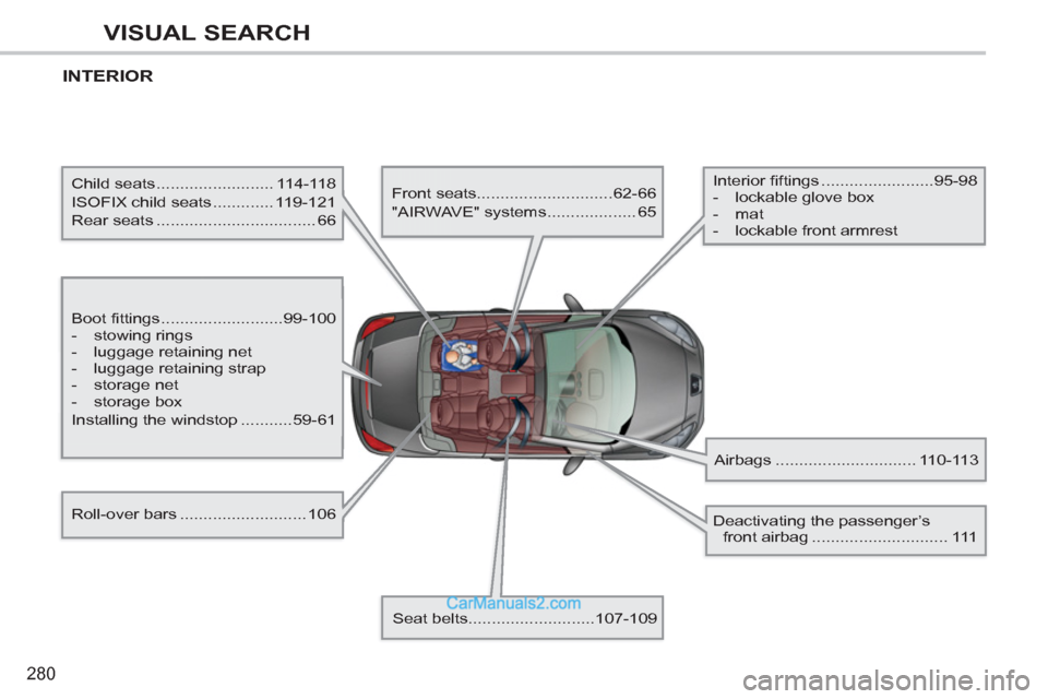 Peugeot 308 CC 2011 Owners Manual - RHD (UK, Australia) 280
VISUAL SEARCH
INTERIOR
Boot fittings ..........................99-100
- stowing rings
- luggage retaining net
- luggage retaining strap
- storage net
- st Peugeot 308 CC 2011 Owners Manual - RHD (UK, Australia) 280
VISUAL SEARCH
INTERIOR
Boot fittings ..........................99-100
- stowing rings
- luggage retaining net
- luggage retaining strap
- storage net
- st