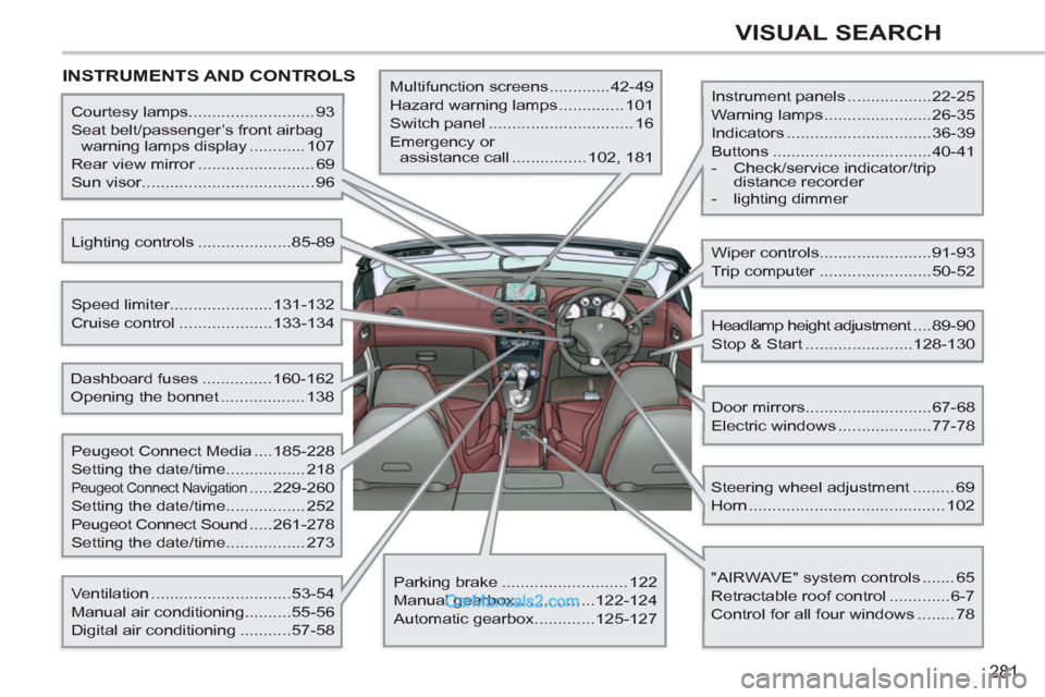Peugeot 308 CC 2011 Owners Manual - RHD (UK, Australia) 281
VISUAL SEARCH
INSTRUMENTS AND CONTROLS
Instrument panels ..................22-25
Warning lamps .......................26-35
Indicators ...............................36-39
Buttons Peugeot 308 CC 2011 Owners Manual - RHD (UK, Australia) 281
VISUAL SEARCH
INSTRUMENTS AND CONTROLS
Instrument panels ..................22-25
Warning lamps .......................26-35
Indicators ...............................36-39
Buttons