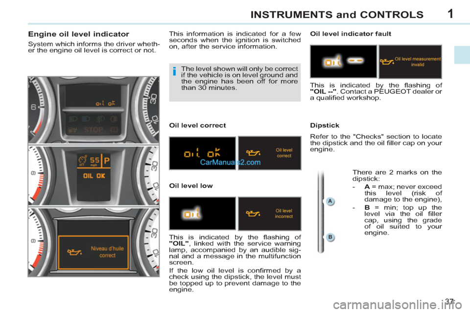 Peugeot 308 CC 2011  Owners Manual - RHD (UK, Australia) 1
i
37
INSTRUMENTS and CONTROLS
  The level shown will only be correct 
if the vehicle is on level ground and 
the engine has been off for more 
than 30 minutes. 
   
 
 
 
 
 
 
 
 
 
 
 
 
 
 
Engin