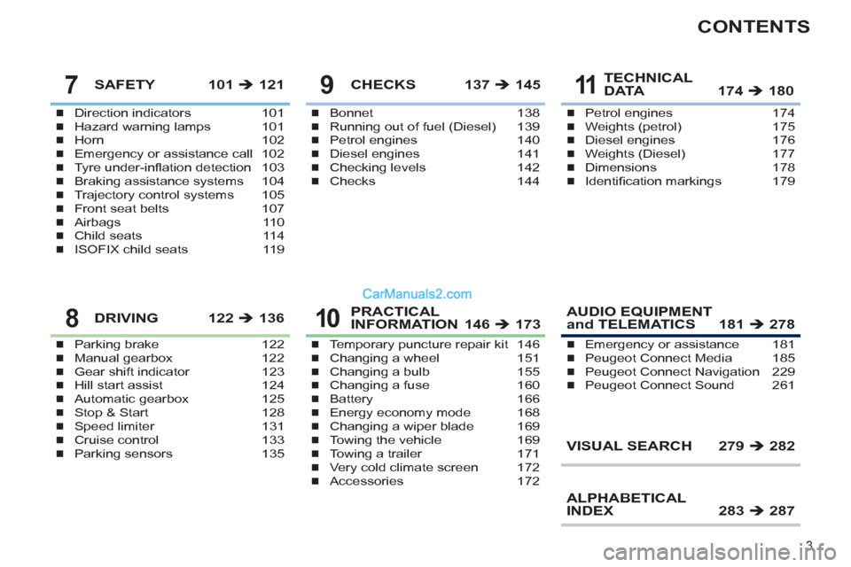 Peugeot 308 CC 2011  Owners Manual - RHD (UK, Australia) 3
CONTENTS
Direction indicators  101
Hazard warning lamps  101
Horn 102
Emergency or assistance call  102
Tyre under-inﬂ ation detection  103
Braking assistance systems  104
Trajectory control syste
