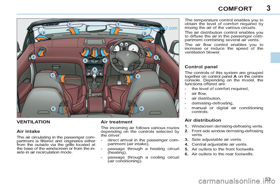 Peugeot 308 CC 2011   - RHD (UK, Australia) Workshop Manual 3
53
COMFORT
   
 
 
 
 
 
 
 
VENTILATION  
 
Air treatment 
 
The incoming air follows various routes 
depending on the controls selected by 
the driver: 
   
 
-   direct arrival in the passenger c