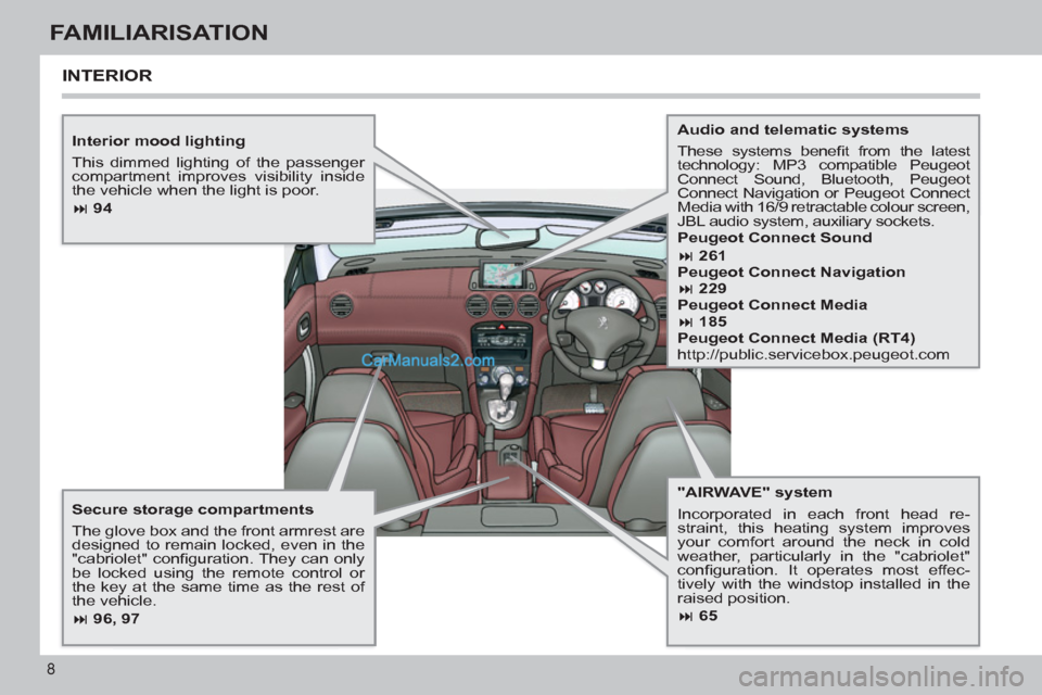 Peugeot 308 CC 2011  Owners Manual - RHD (UK, Australia) 8
FAMILIARISATION
   
Interior mood lighting 
  This dimmed lighting of the passenger 
compartment improves visibility inside 
the vehicle when the light is poor. 
   
 
� 
 94 
 
 
   
Secure storag