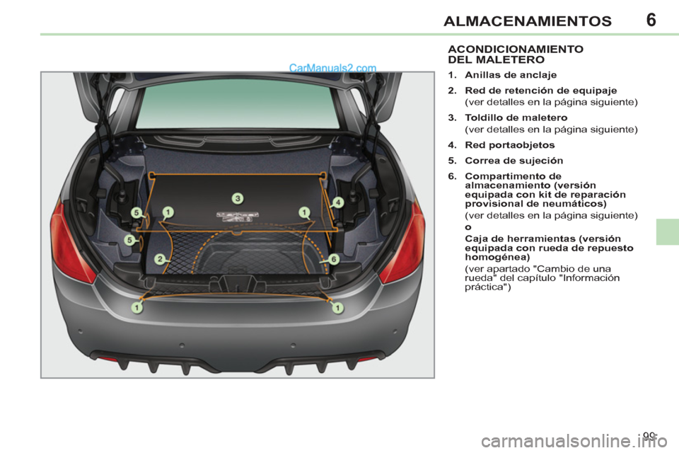 Peugeot 308 CC 2011  Manual del propietario (in Spanish) 6
99
ALMACENAMIENTOS
   
 
 
 
 
 
 
 
 
 
 
 
 
 
ACONDICIONAMIENTO 
DEL MALETERO 
   
 
1. 
  Anillas 
 
 de  
 
anclaje 
 
   
2. 
  Red de  
 
retenci 
 
ón de  
 
equipaje 
 
 
  (ver detalles e