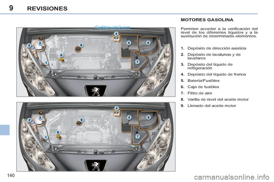 Peugeot 308 CC 2011 Manual del propietario (in Spanish) 9
140
REVISIONES
MOTORES GASOLINA
Permiten acceder a la verifi cación del
nivel de los diferentes líquidos y a la
sustitución de determinadis elementos.
Peugeot 308 CC 2011 Manual del propietario (in Spanish) 9
140
REVISIONES
MOTORES GASOLINA
Permiten acceder a la verifi cación del
nivel de los diferentes líquidos y a la
sustitución de determinadis elementos.
