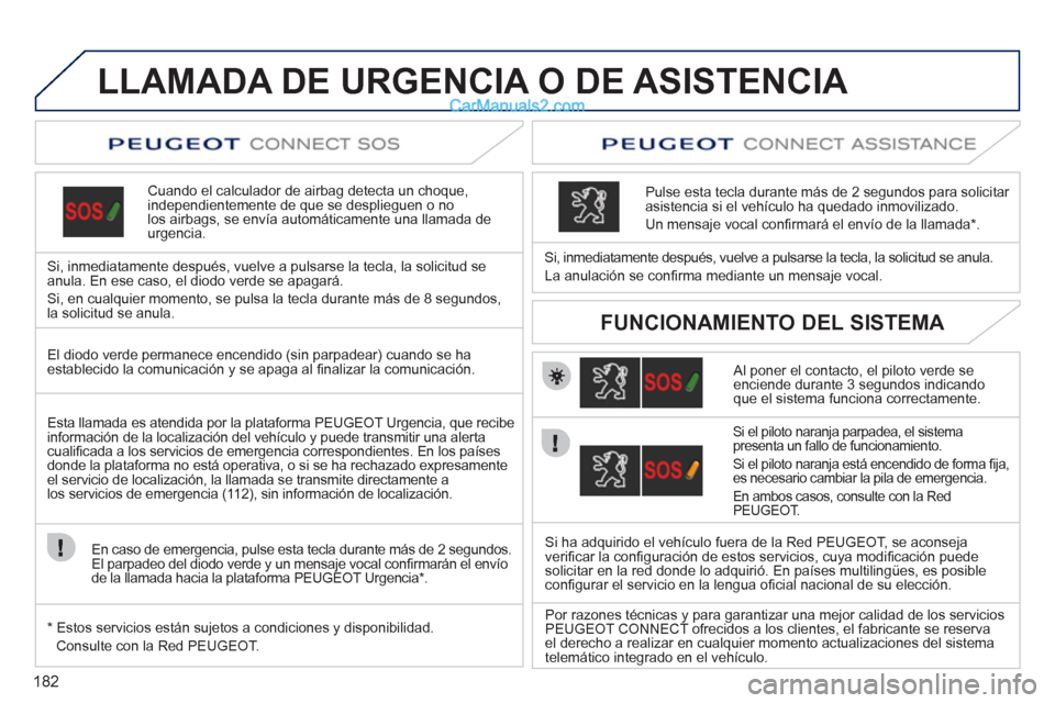 Peugeot 308 CC 2011 Manual del propietario (in Spanish) 182
LLAMADA DE URGENCIA O DE ASISTENCIA
Cuando el calculador de airbag detecta un choque,
independientemente de que se desplieguen o no
los airbags, se envía aut Peugeot 308 CC 2011 Manual del propietario (in Spanish) 182
LLAMADA DE URGENCIA O DE ASISTENCIA
Cuando el calculador de airbag detecta un choque,
independientemente de que se desplieguen o no
los airbags, se envía aut