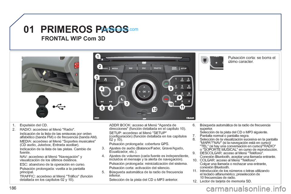 Peugeot 308 CC 2011 Manual del propietario (in Spanish) 186
01
2ABC3DEF
5JKL4GHI6MNO
8TUV7PQRS9WXYZ
0*#
1
RADIO MEDIANAV ESC TRAFFIC
SETUPADDR
BOOK
1
10
2
3
4
612
9
7
8
115
TU PQRS
0*
1. Expulsión del CD.
2. RADIO: accedeso al Menú "Radio" Peugeot 308 CC 2011 Manual del propietario (in Spanish) 186
01
2ABC3DEF
5JKL4GHI6MNO
8TUV7PQRS9WXYZ
0*#
1
RADIO MEDIANAV ESC TRAFFIC
SETUPADDR
BOOK
1
10
2
3
4
612
9
7
8
115
TU PQRS
0*
1. Expulsión del CD.
2. RADIO: accedeso al Menú "Radio"