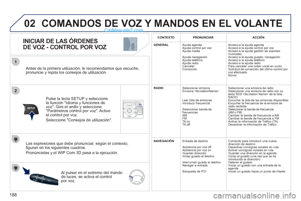 Peugeot 308 CC 2011 Manual del propietario (in Spanish) 188
2ABC3DEF5JKL4GHI6MNO8TUV7PQRS9WXYZ0*#
1NAV ESC TRAFFICADDR
BOOKSETUP
02
2
1
SETUP
Antes de la primera utilización, le recomendamos que escuche,
pronuncie y repita los consejos de utilizació Peugeot 308 CC 2011 Manual del propietario (in Spanish) 188
2ABC3DEF5JKL4GHI6MNO8TUV7PQRS9WXYZ0*#
1NAV ESC TRAFFICADDR
BOOKSETUP
02
2
1
SETUP
Antes de la primera utilización, le recomendamos que escuche,
pronuncie y repita los consejos de utilizació