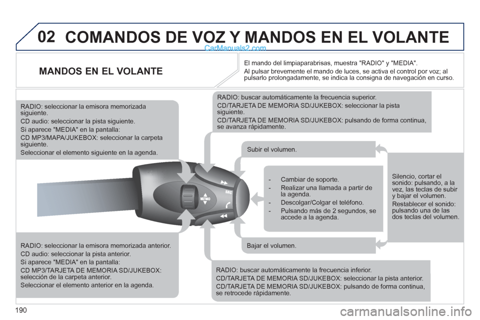 Peugeot 308 CC 2011 Manual del propietario (in Spanish) 190
02 COMANDOS DE VOZ Y MANDOS EN EL VOLANTE
MANDOS EN EL VOLANTE
RADIO: seleccionar la emisora memorizada anterior.
CD audio: seleccionar la pista anterior.
Si apare Peugeot 308 CC 2011 Manual del propietario (in Spanish) 190
02 COMANDOS DE VOZ Y MANDOS EN EL VOLANTE
MANDOS EN EL VOLANTE
RADIO: seleccionar la emisora memorizada anterior.
CD audio: seleccionar la pista anterior.
Si apare