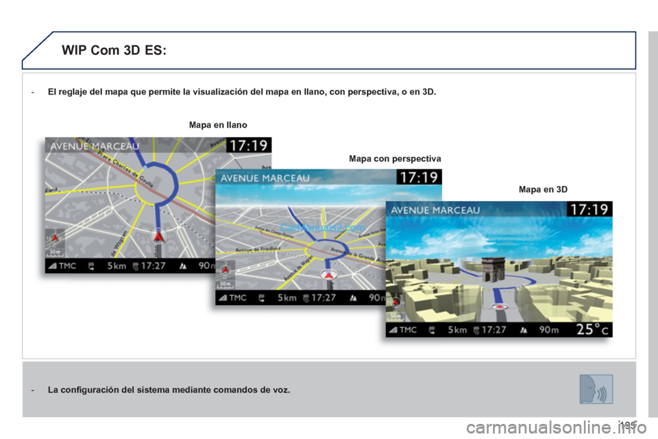 Peugeot 308 CC 2011 Manual del propietario (in Spanish) 195
-
El reglaje del mapa que permite la visualización del mapa en llano, con perspectiva, o en 3D .
- La
confi guración del sistema
mediante comandos de voz
.
Peugeot 308 CC 2011 Manual del propietario (in Spanish) 195
-
El reglaje del mapa que permite la visualización del mapa en llano, con perspectiva, o en 3D .
- La
confi guración del sistema
mediante comandos de voz
.
