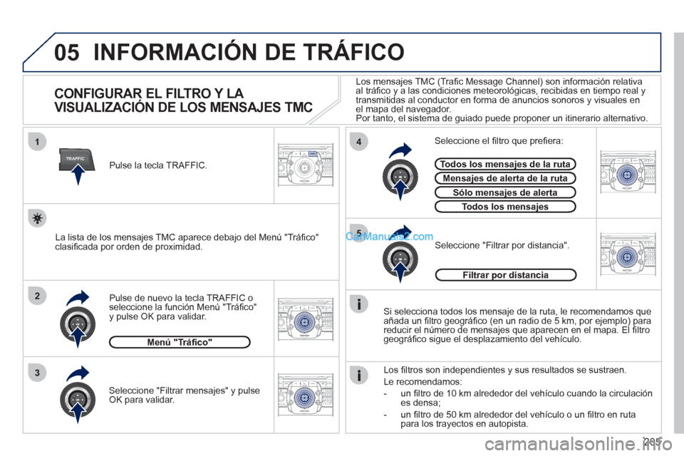 Peugeot 308 CC 2011 Manual del propietario (in Spanish) 205
05
2ABC3DEF5JKL4GHI6MNO8TUV7PQRS9WXYZ0*#
1RADIO MEDIANAV ESCTRAFFIC
SETUPADDR
BOOK
2ABC3DEF5JKL4GHI6MNO8TUV7PQRS9WXYZ0*#
1RADIO MEDIANAV ESC TRAFFIC
SETUPADDR
BOOK
TRAFFIC
1
3
4
5
2ABC3DEF5JKL4GHI Peugeot 308 CC 2011 Manual del propietario (in Spanish) 205
05
2ABC3DEF5JKL4GHI6MNO8TUV7PQRS9WXYZ0*#
1RADIO MEDIANAV ESCTRAFFIC
SETUPADDR
BOOK
2ABC3DEF5JKL4GHI6MNO8TUV7PQRS9WXYZ0*#
1RADIO MEDIANAV ESC TRAFFIC
SETUPADDR
BOOK
TRAFFIC
1
3
4
5
2ABC3DEF5JKL4GHI