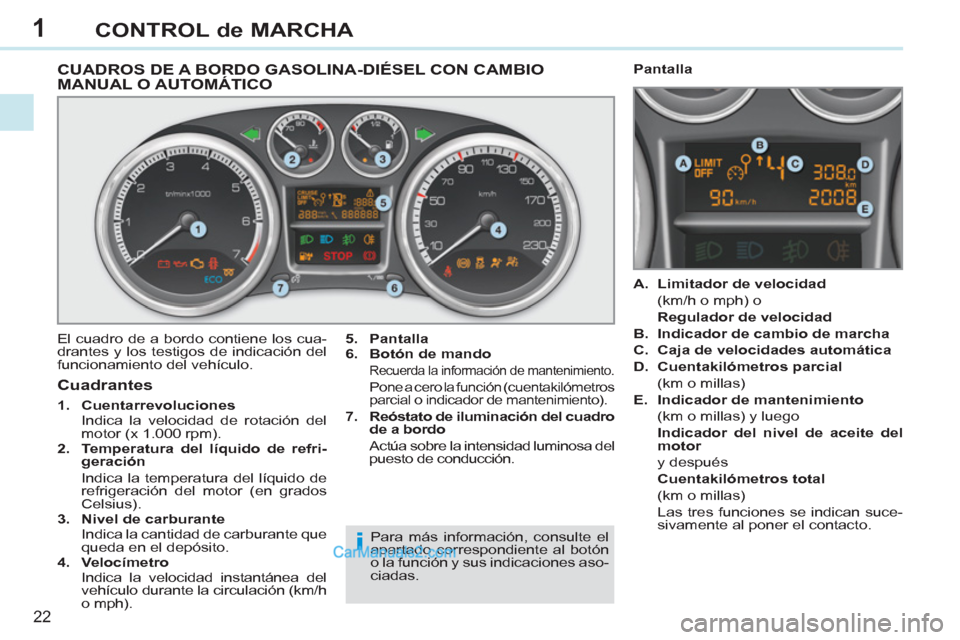 Peugeot 308 CC 2011  Manual del propietario (in Spanish) 1
i
22
CONTROL de MARCHA
   
 
 
 
 
 
 
 
 
 
 
 
 
 
 
 
 
CUADROS DE A BORDO GASOLINA-DIÉSEL CON CAMBIO 
MANUAL O AUTOMÁTICO 
  El cuadro de a bordo contiene los cua-
drantes y los testigos de in