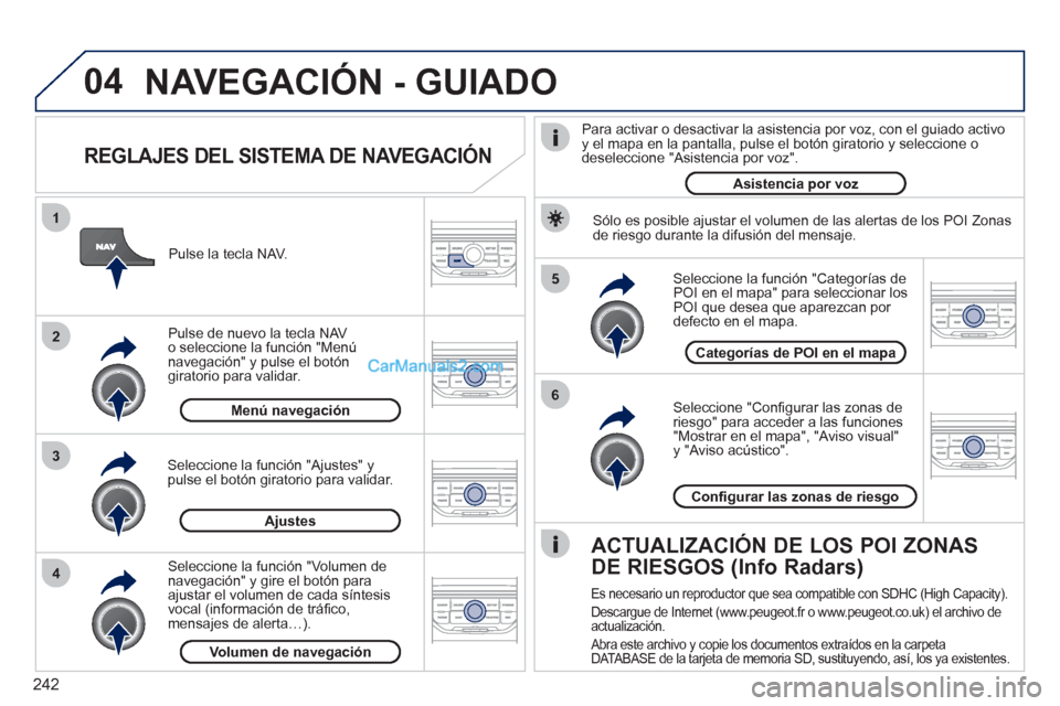 Peugeot 308 CC 2011 Manual del propietario (in Spanish) 242
04
5
6
3 2 1
4
REGLAJES DEL SISTEMA DE NAVEGACIÓN
Seleccione "Confi gurar las zonas de
riesgo" para acceder a las funciones
"Mostrar en el mapa", "Aviso visual"
y "Aviso acústico". Peugeot 308 CC 2011 Manual del propietario (in Spanish) 242
04
5
6
3 2 1
4
REGLAJES DEL SISTEMA DE NAVEGACIÓN
Seleccione "Confi gurar las zonas de
riesgo" para acceder a las funciones
"Mostrar en el mapa", "Aviso visual"
y "Aviso acústico".