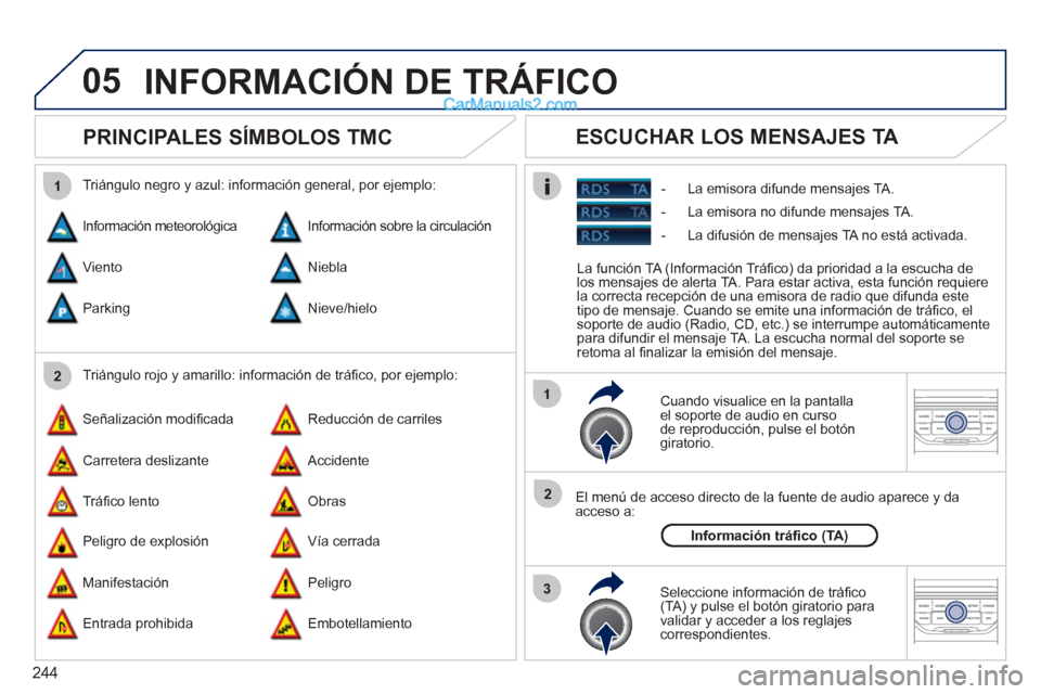 Peugeot 308 CC 2011 Manual del propietario (in Spanish) 244
05
2 1
3
2 1
PRINCIPALES SÍMBOLOS TMC
Cuando visualice en la pantalla
el soporte de audio en curso
de reproducción, pulse el botón
giratorio.
El menú de acceso dire Peugeot 308 CC 2011 Manual del propietario (in Spanish) 244
05
2 1
3
2 1
PRINCIPALES SÍMBOLOS TMC
Cuando visualice en la pantalla
el soporte de audio en curso
de reproducción, pulse el botón
giratorio.
El menú de acceso dire