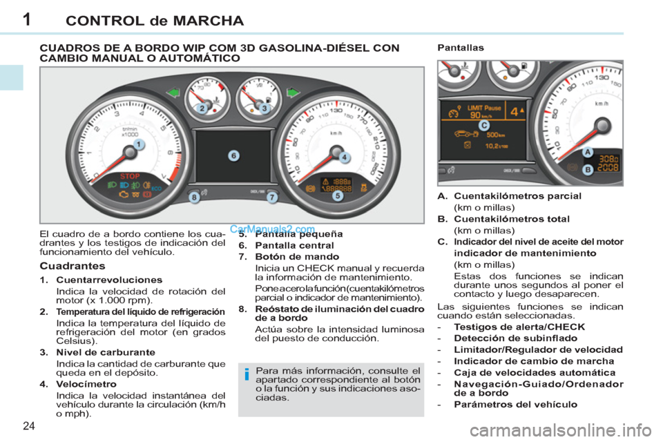 Peugeot 308 CC 2011  Manual del propietario (in Spanish) 1
i
24
CONTROL de MARCHA
   
 
 
 
 
 
 
 
 
 
 
 
CUADROS DE A BORDO WIP COM 3D GASOLINA-DIÉSEL CON 
CAMBIO MANUAL O AUTOMÁTICO 
  El cuadro de a bordo contiene los cua-
drantes y los testigos de i