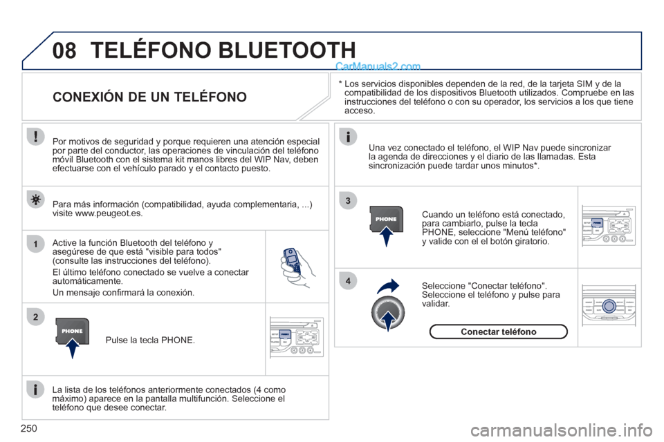 Peugeot 308 CC 2011  Manual del propietario (in Spanish) 250
08
1
2
4
3
   
*  
  Los servicios disponibles dependen de la red, de la tarjeta SIM y de la 
compatibilidad de los dispositivos Bluetooth utilizados. Compruebe en las 
instrucciones del teléfono
